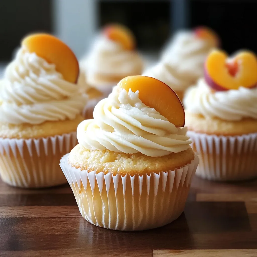 A cupcake with peaches on top.