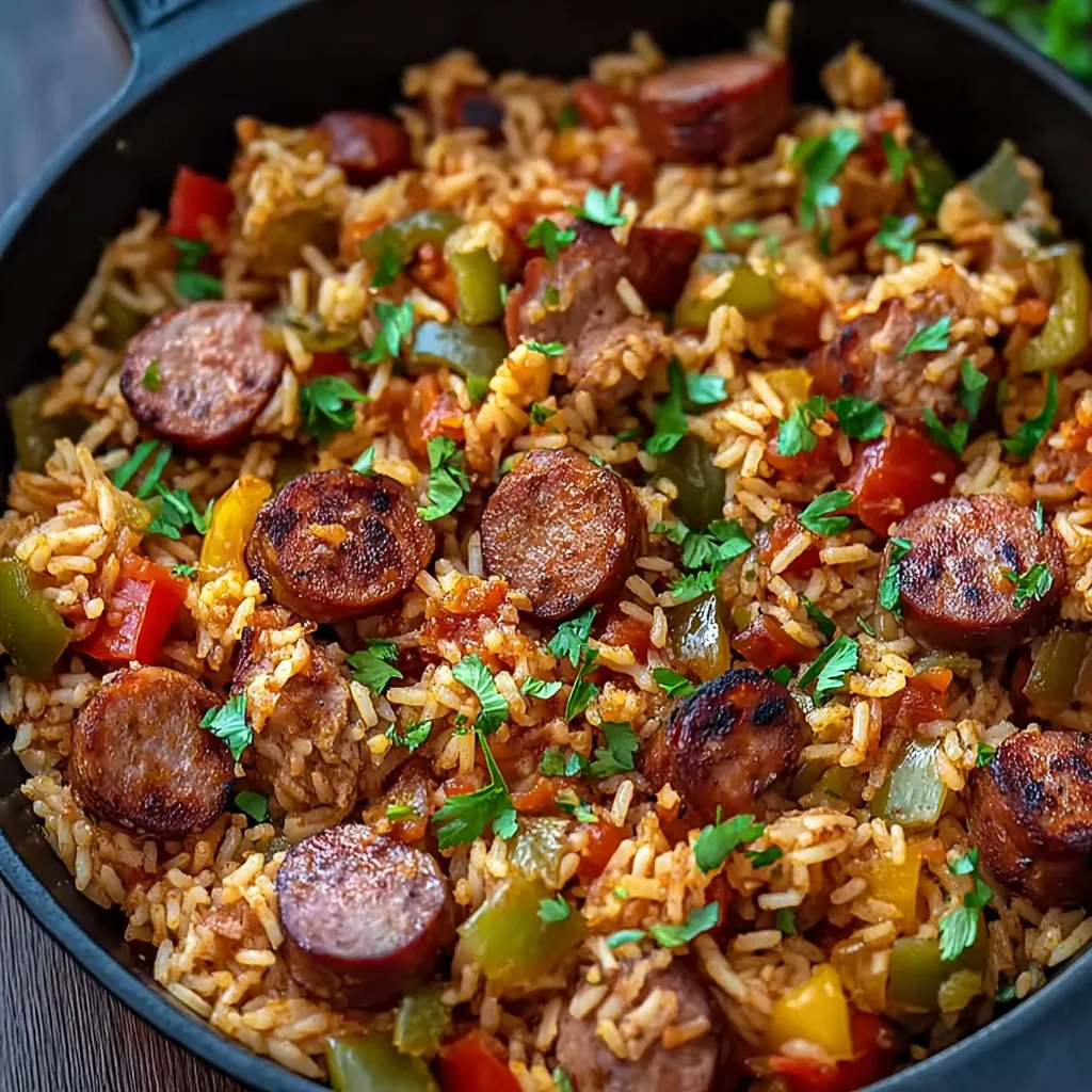 A bowl of rice with sausage and peppers.