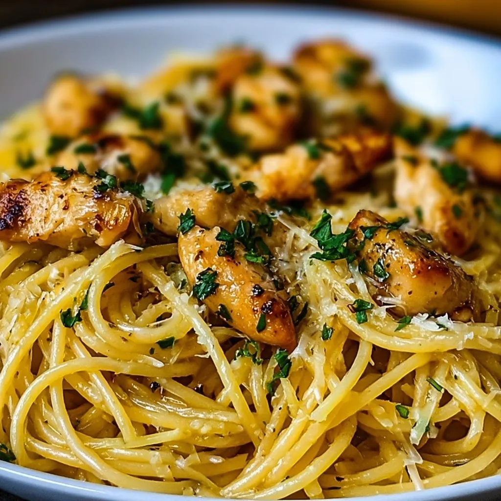 A plate of pasta with chicken and herbs.