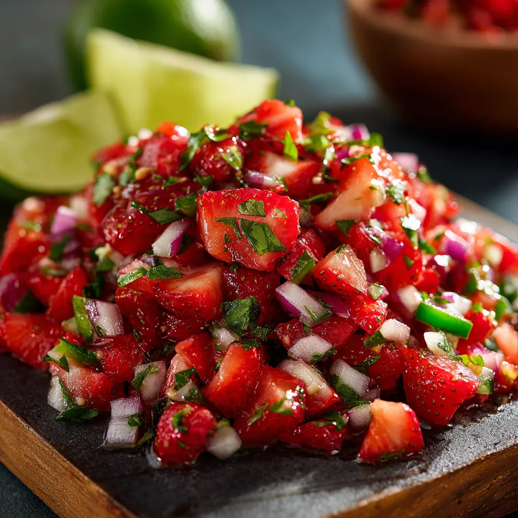 A bowl of sliced strawberries with lime and onions.