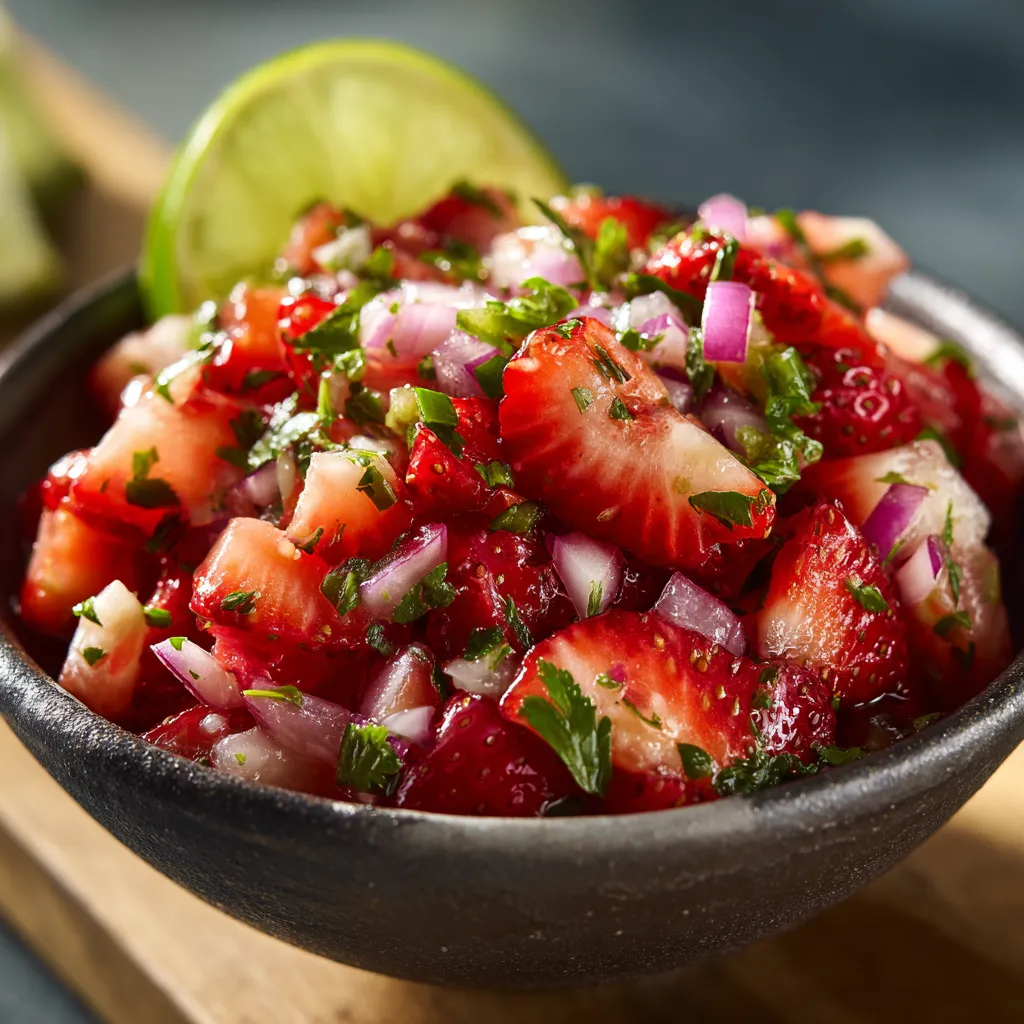 A bowl of strawberry salsa with lime and onions.