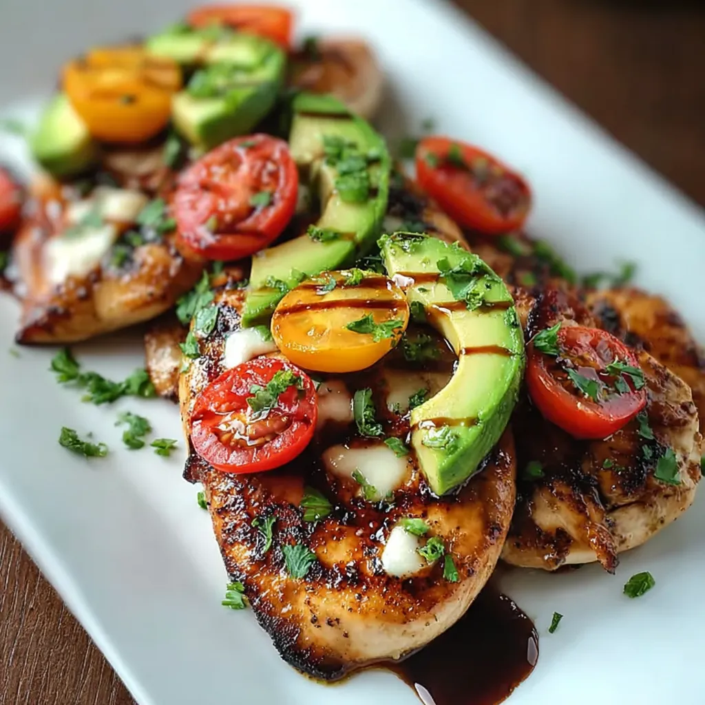 A plate of food with chicken, tomatoes, and avocado.