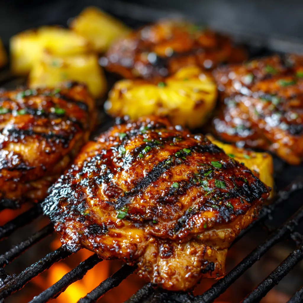 Grilled chicken with pineapple on a BBQ.
