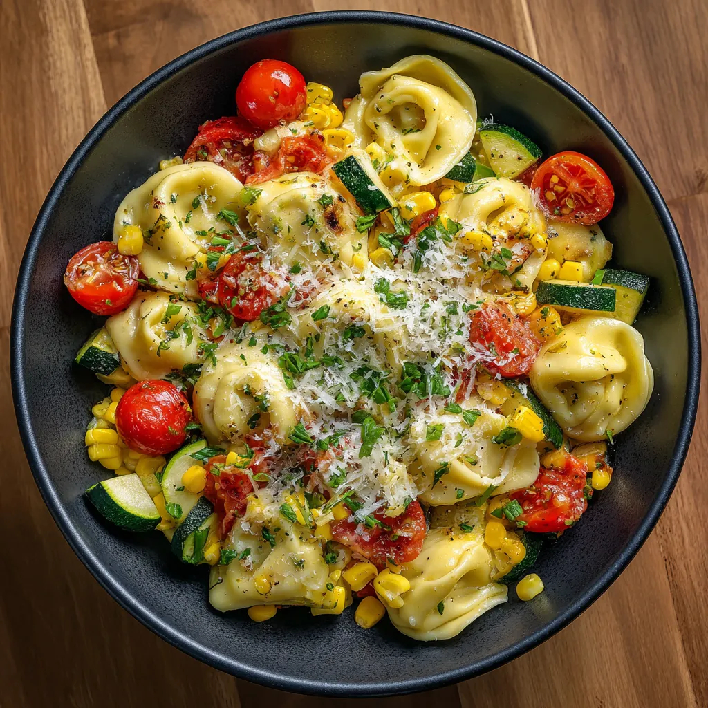 A bowl of pasta with tomatoes, corn, and zucchini.