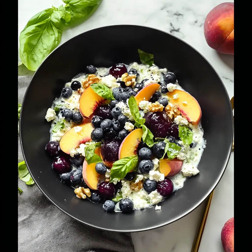 A bowl of fruit with blueberries, peaches, and mint.