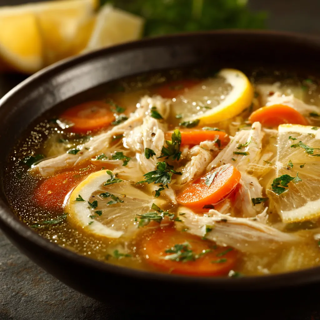 A bowl of soup with carrots and lemon slices.