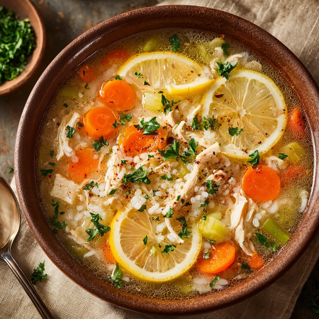 A bowl of soup with lemon slices and carrots.