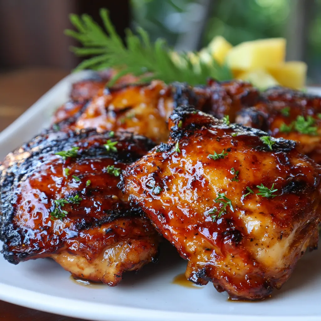 A plate of chicken with a pineapple wedge on the side.