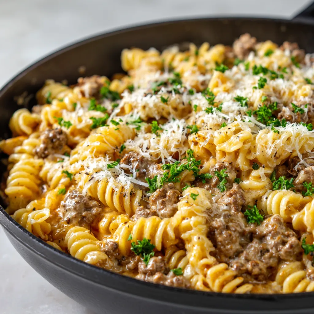 A bowl of pasta with meat and cheese.