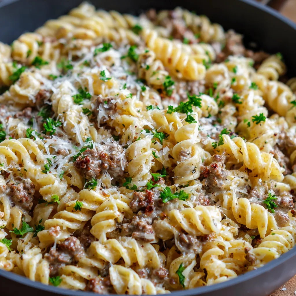 A bowl of pasta with meat and cheese.