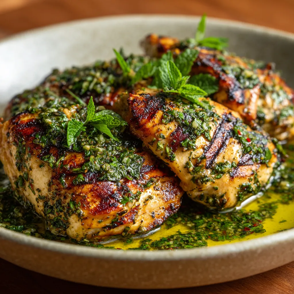 A plate of chicken with green sauce.