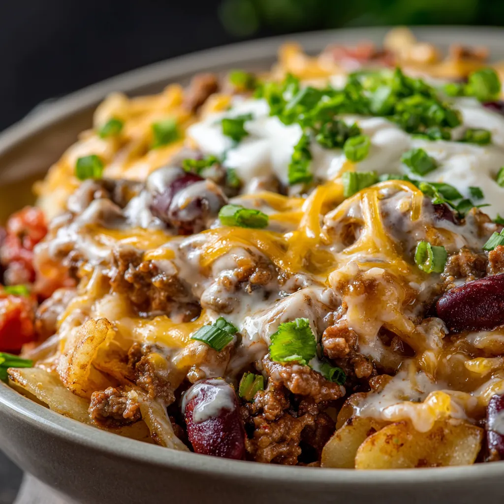 A bowl of food with cheese and chives.
