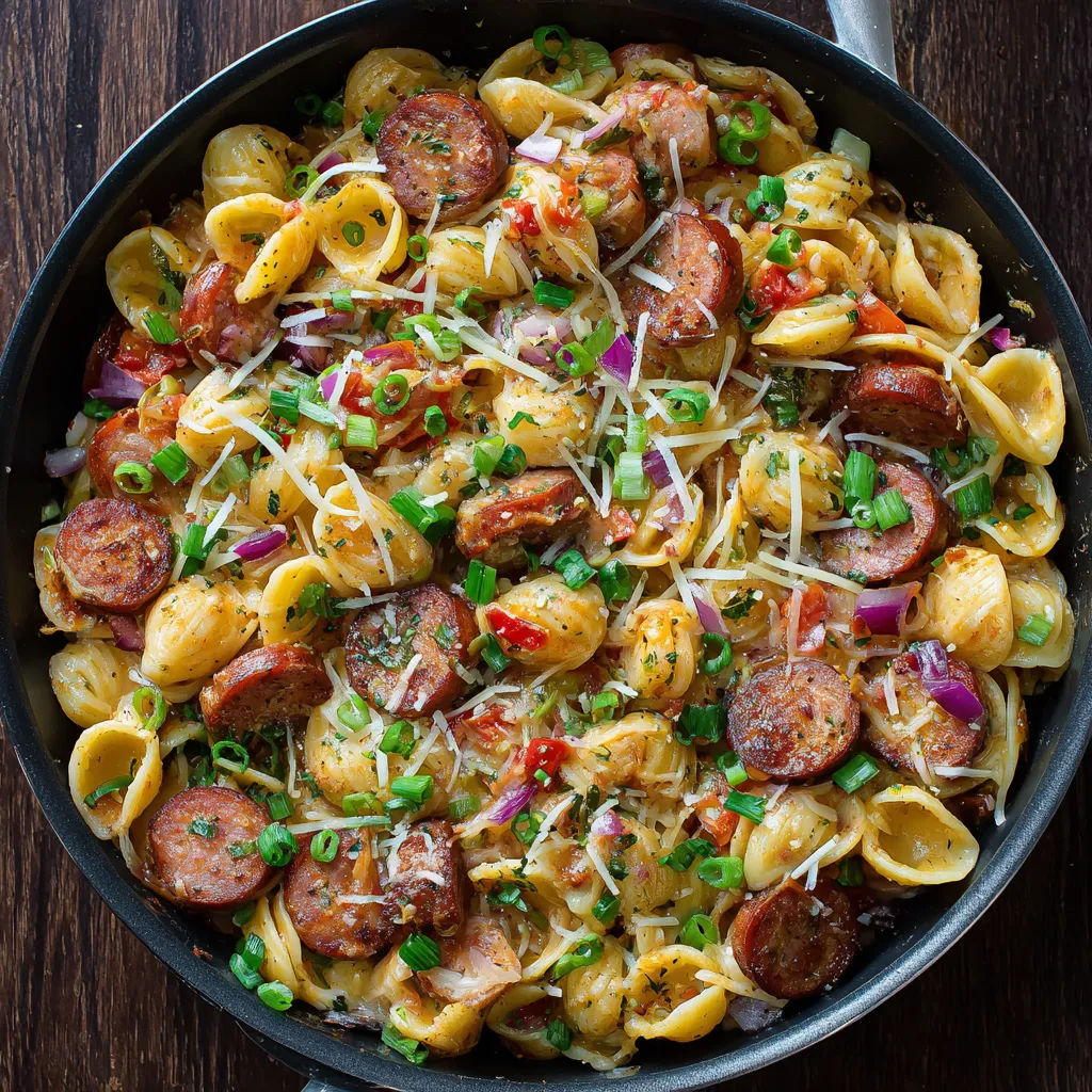 A bowl of pasta with sausage and cheese.