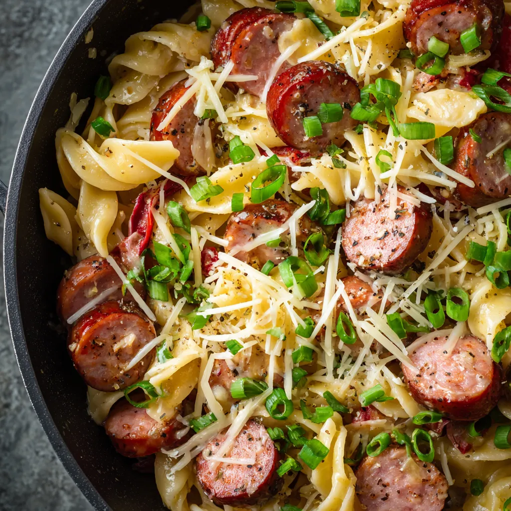 A bowl of pasta with sausage and cheese.