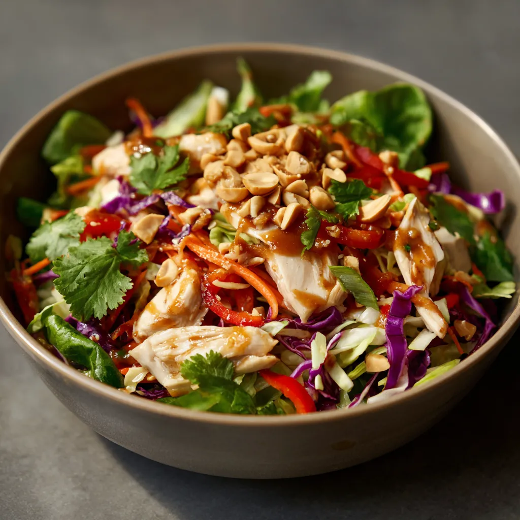 A bowl of salad with chicken, carrots, and lettuce.