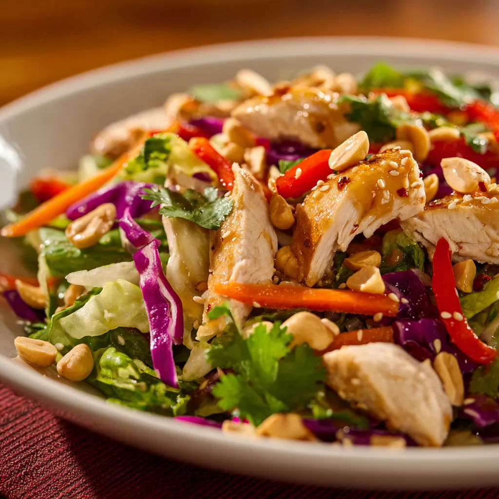 A plate of food with chicken, lettuce, and peppers.