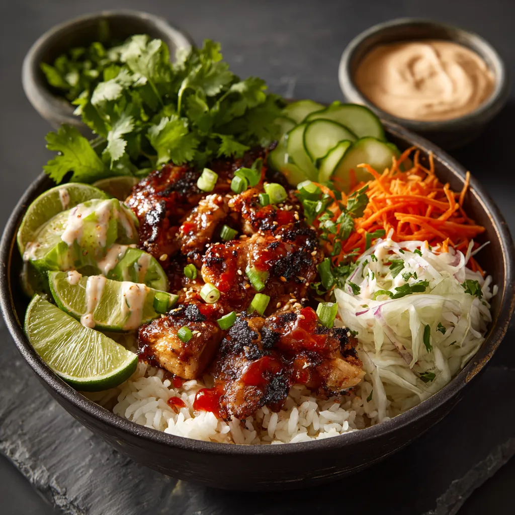 A bowl of food with rice, meat, and vegetables.