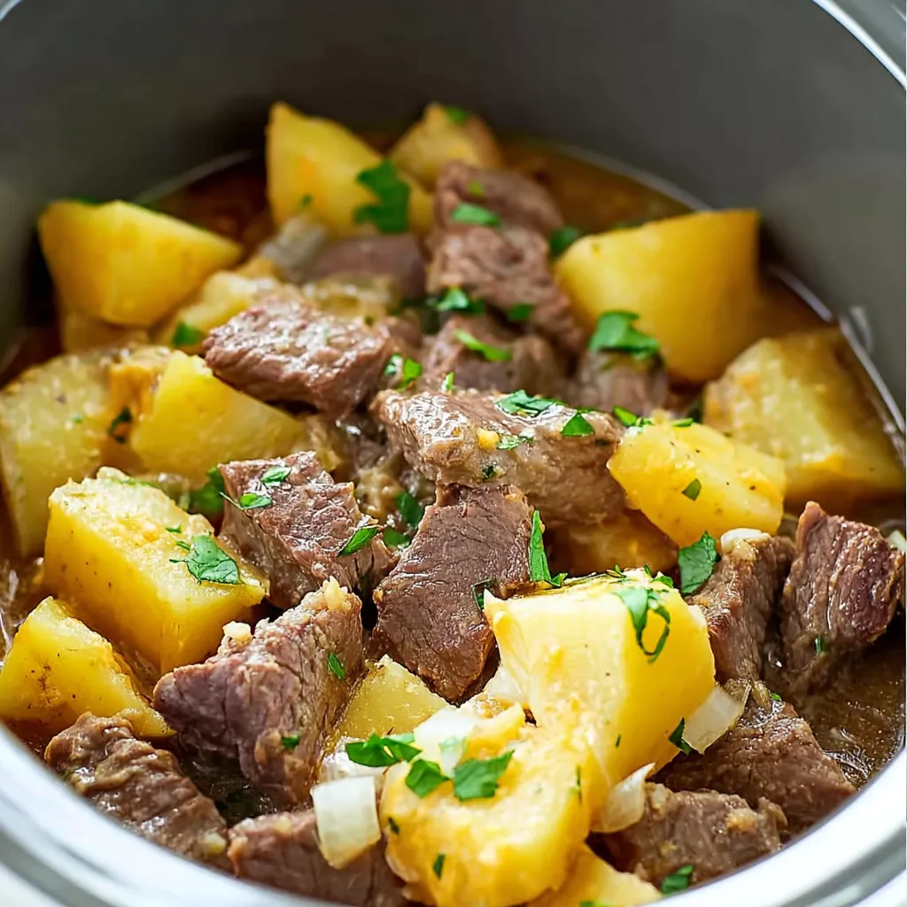 A bowl of meat and potatoes.