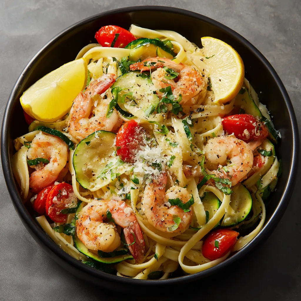 A bowl of pasta with shrimp, tomatoes, and zucchini.