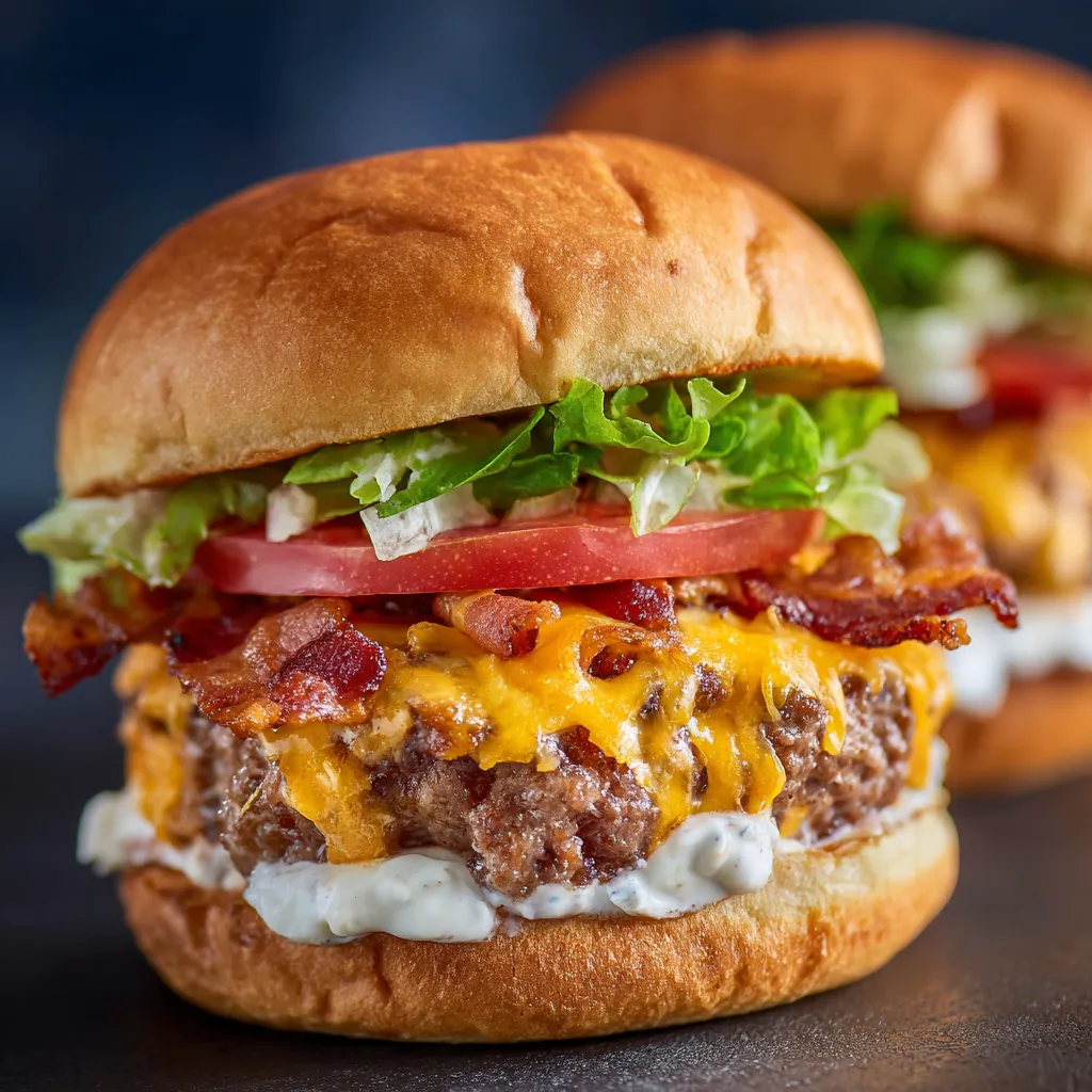 Two hamburgers with lettuce, tomato, and bacon.