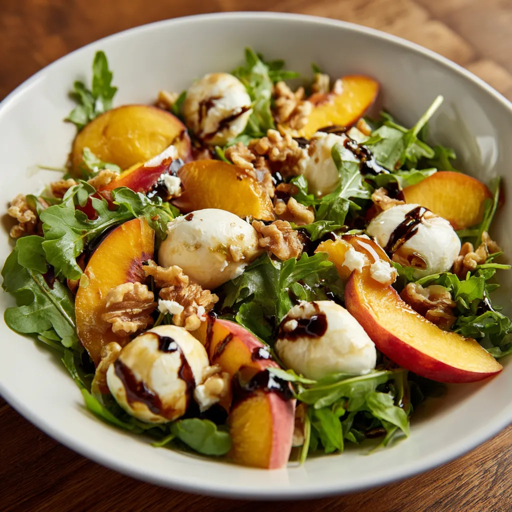 A bowl of salad with peaches, walnuts, and cheese.