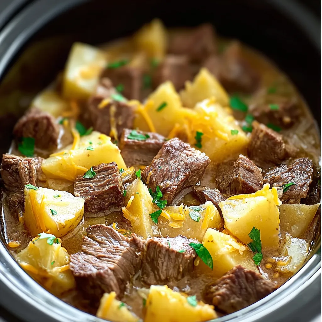 A bowl of beef stew with potatoes and herbs.