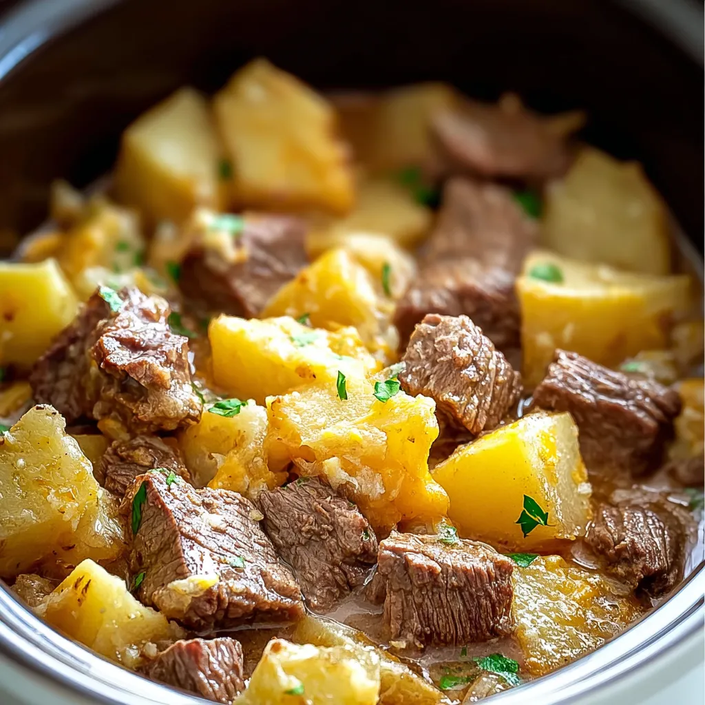 A bowl of stew with meat and potatoes.