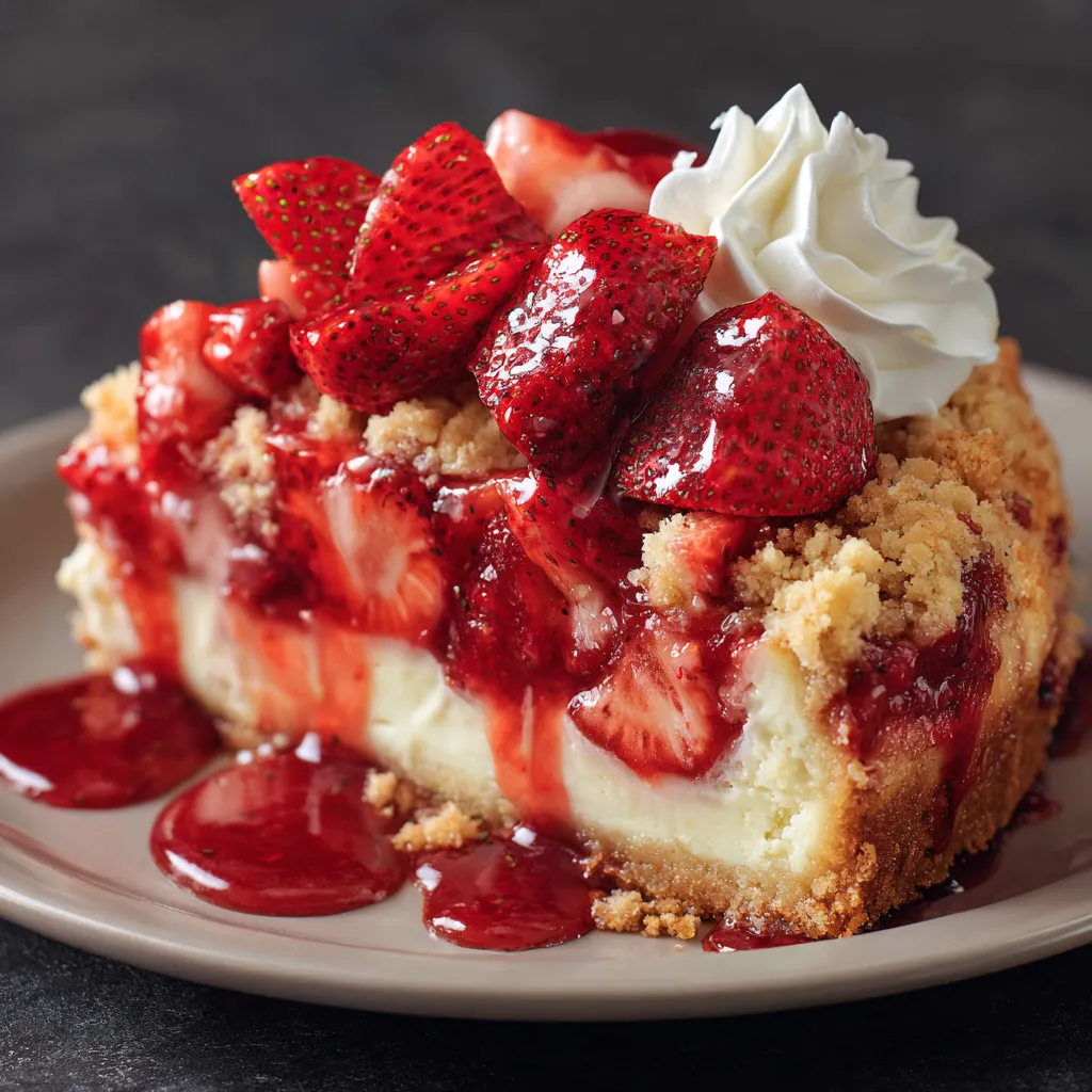 A slice of cake with strawberries and whipped cream.