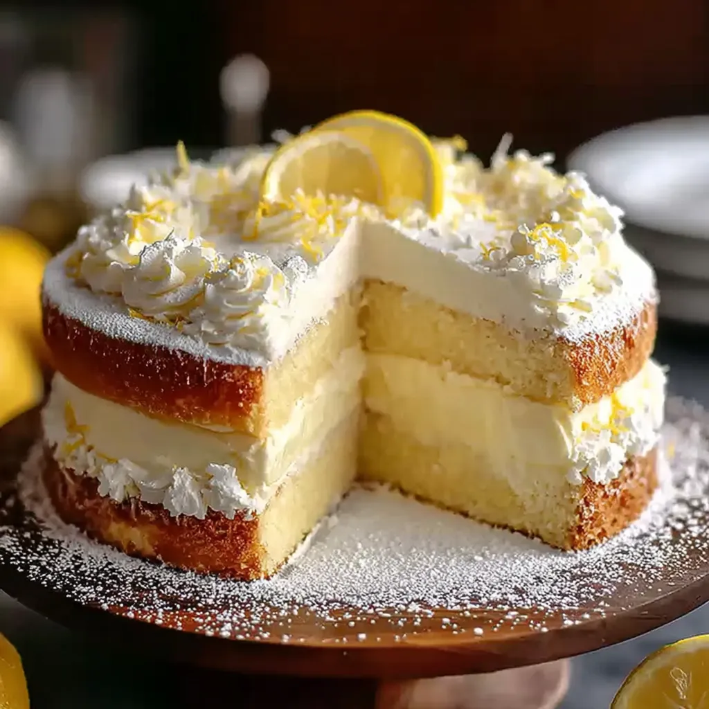 A slice of cake with lemon on top.