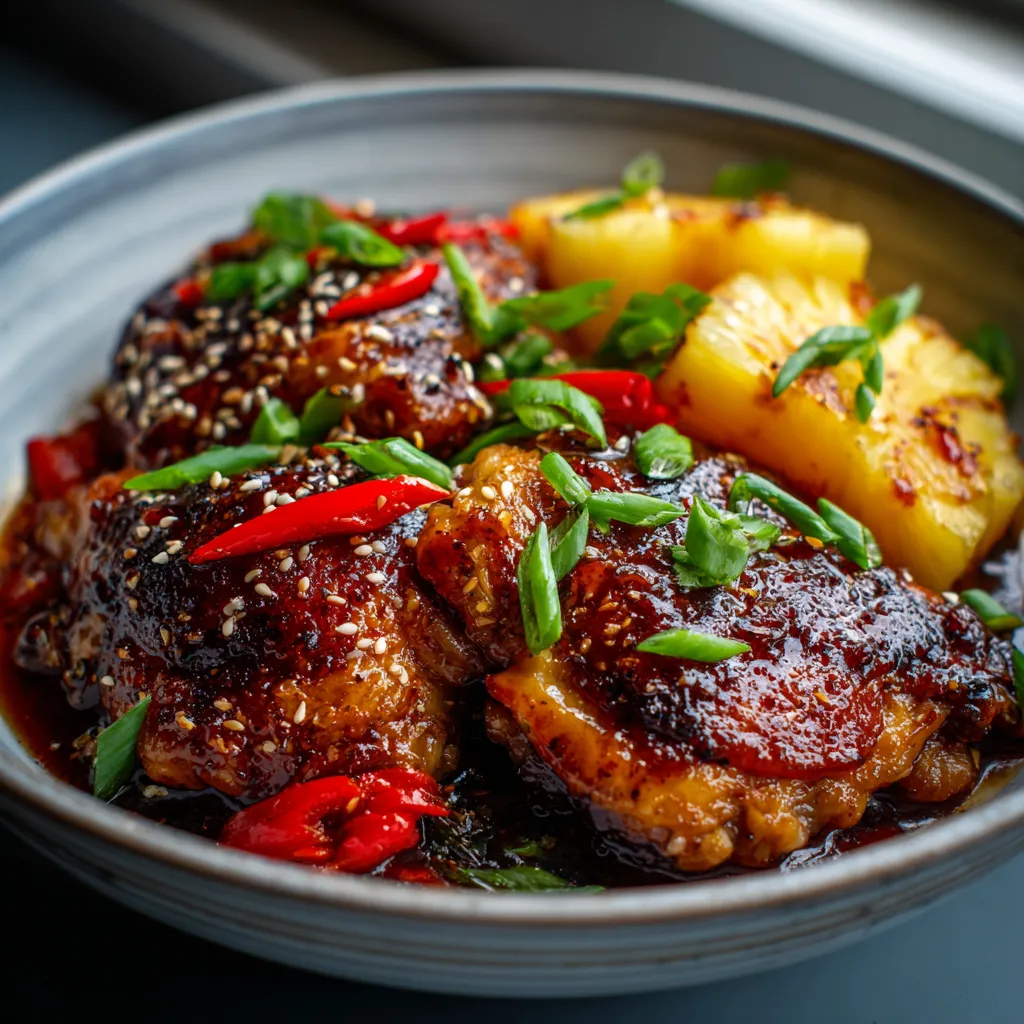 A bowl of food with chicken and pineapple.