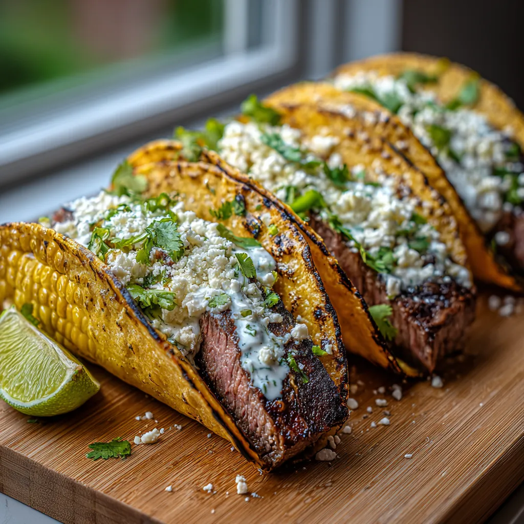 A plate of food with a yellow taco and a steak.