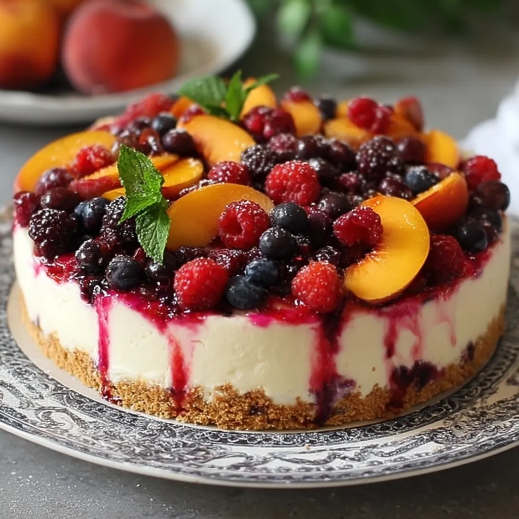 A slice of cake with blueberries and peaches on top.