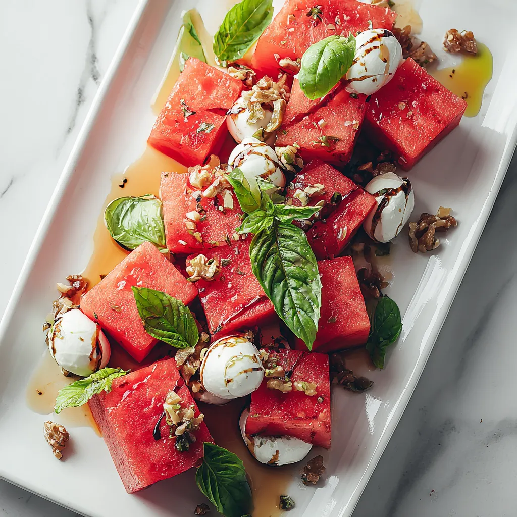 A plate of watermelon with cheese and mint.