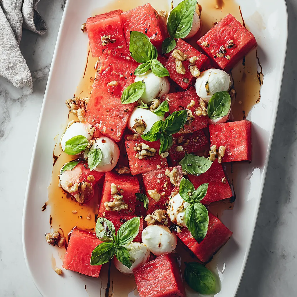 A plate of watermelon with cheese and mint.
