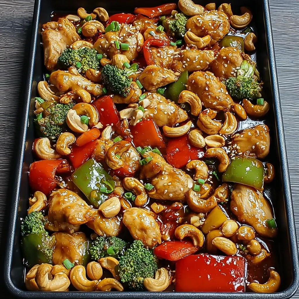 A pan of food with chicken, broccoli, and peppers.
