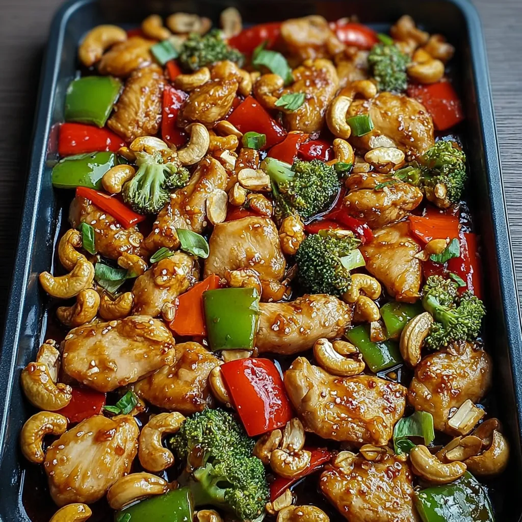 A pan of food with chicken, broccoli, peppers and nuts.