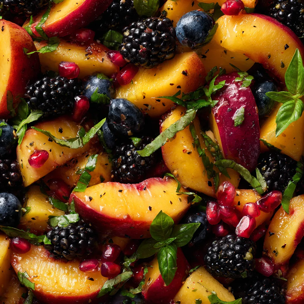 A close up of a fruit salad with berries, peaches, and blueberries.