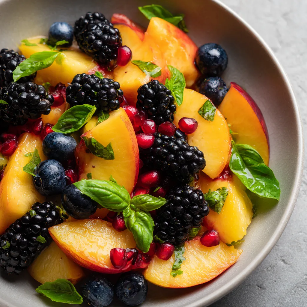 A bowl of fruit with blueberries, blackberries, peaches, and mint.