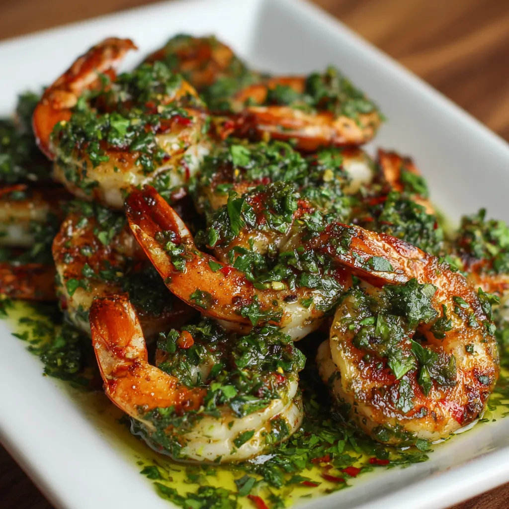 A plate of shrimp with a green sauce.