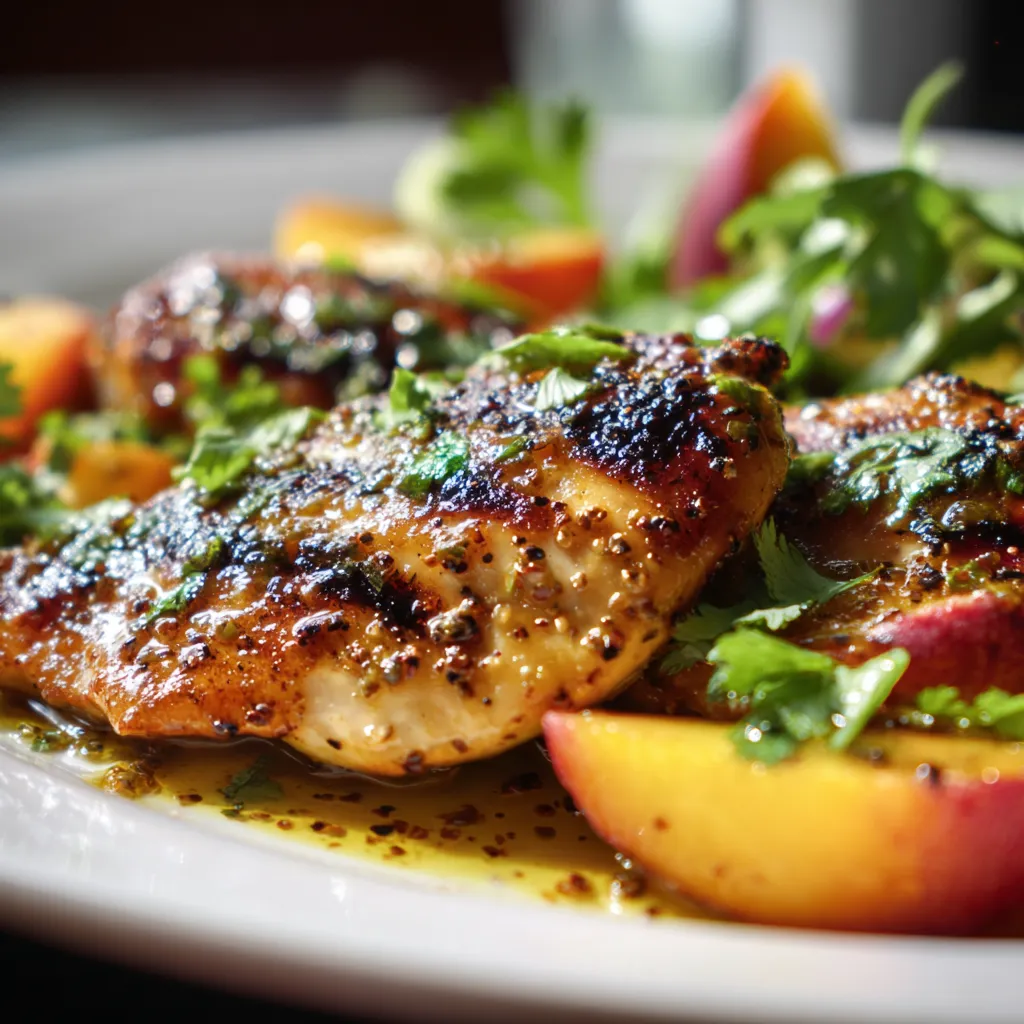 A plate of food with chicken, peppers, and a peach.