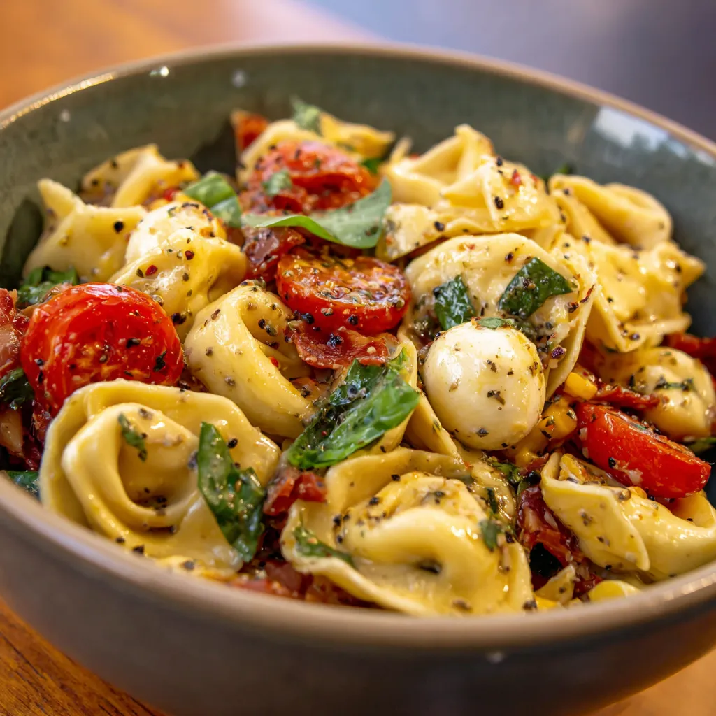 A bowl of pasta with tomatoes and basil.