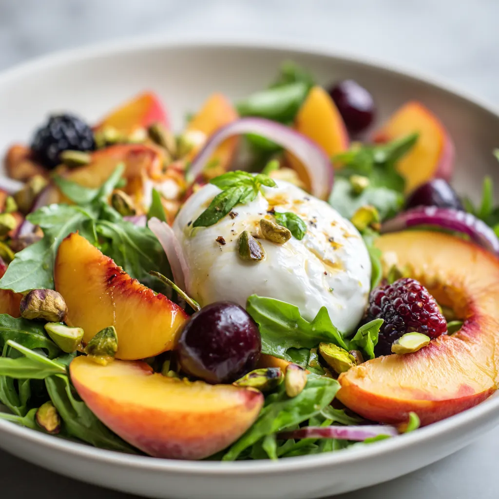 A bowl of fruit salad with a feta cheese on top.