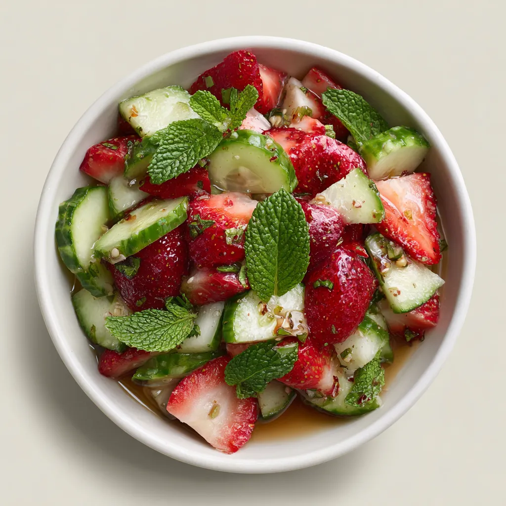 A bowl of fruit with strawberries, cucumbers, and mint.