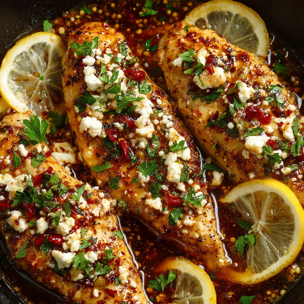 A bowl of chicken with lemon slices and herbs.