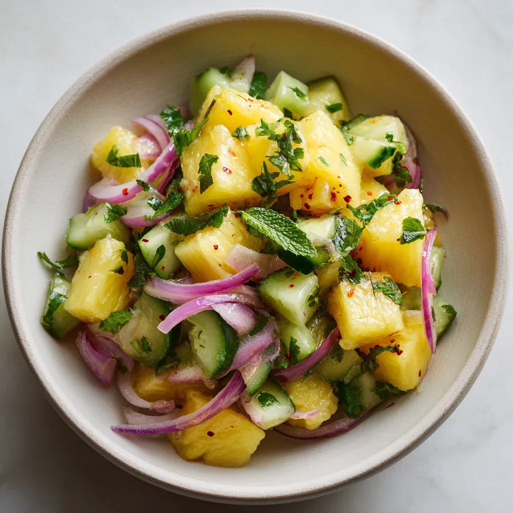 A bowl of fruit salad with pineapple, onions, and cucumbers.