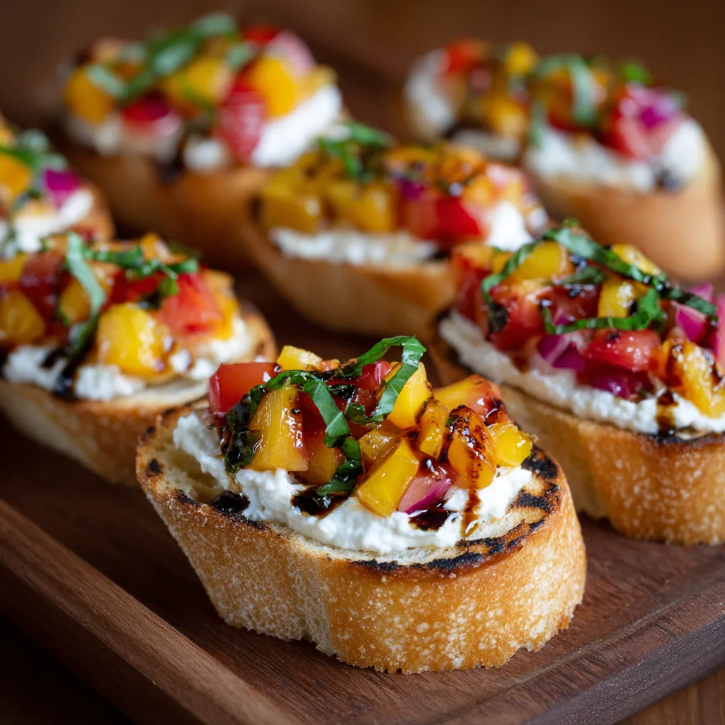 A wooden tray with 6 toasted bread slices topped with tomatoes and cheese.