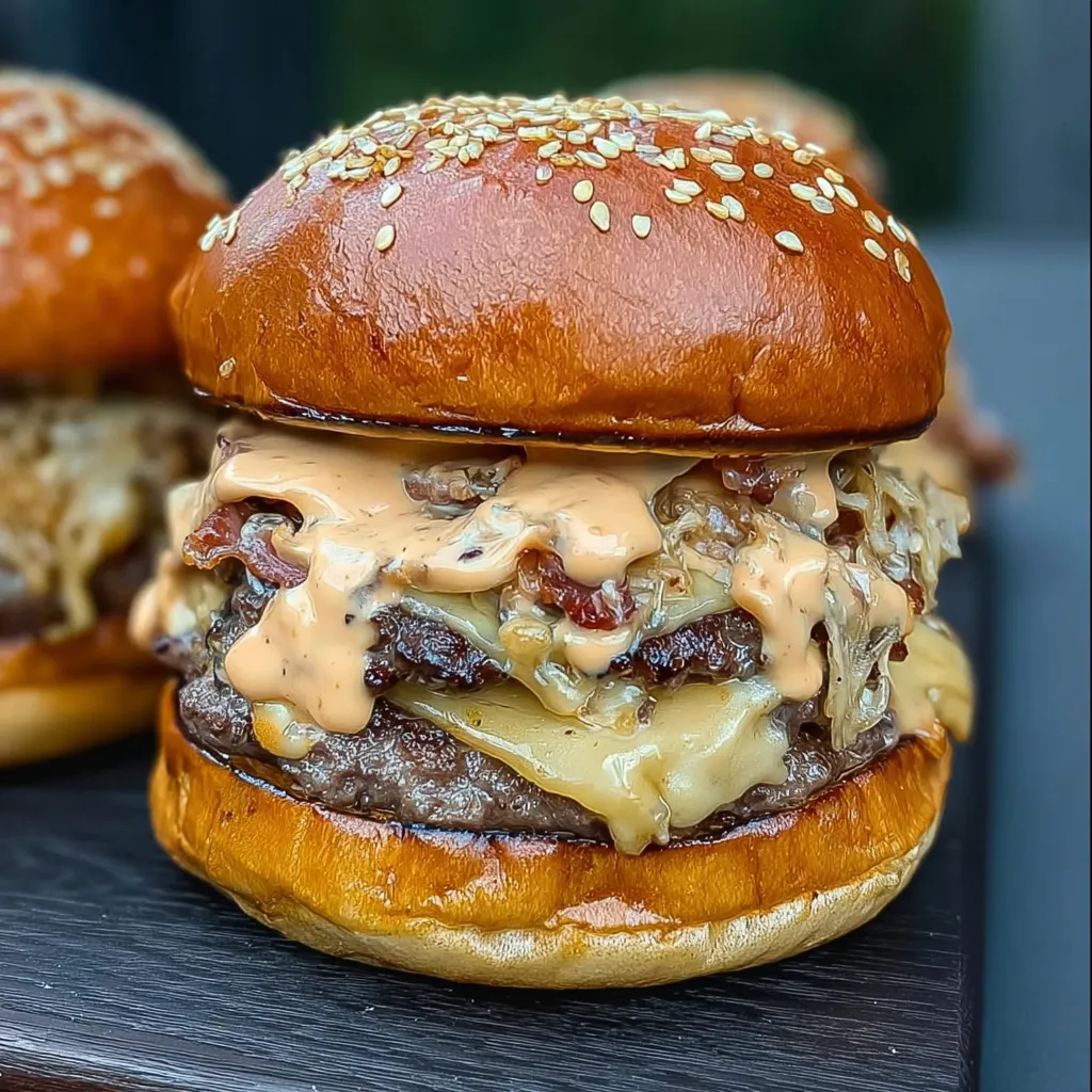 Two burgers with sauce on a table.