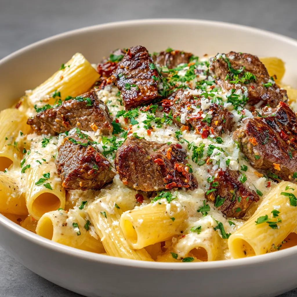 A bowl of pasta with meat and cheese.