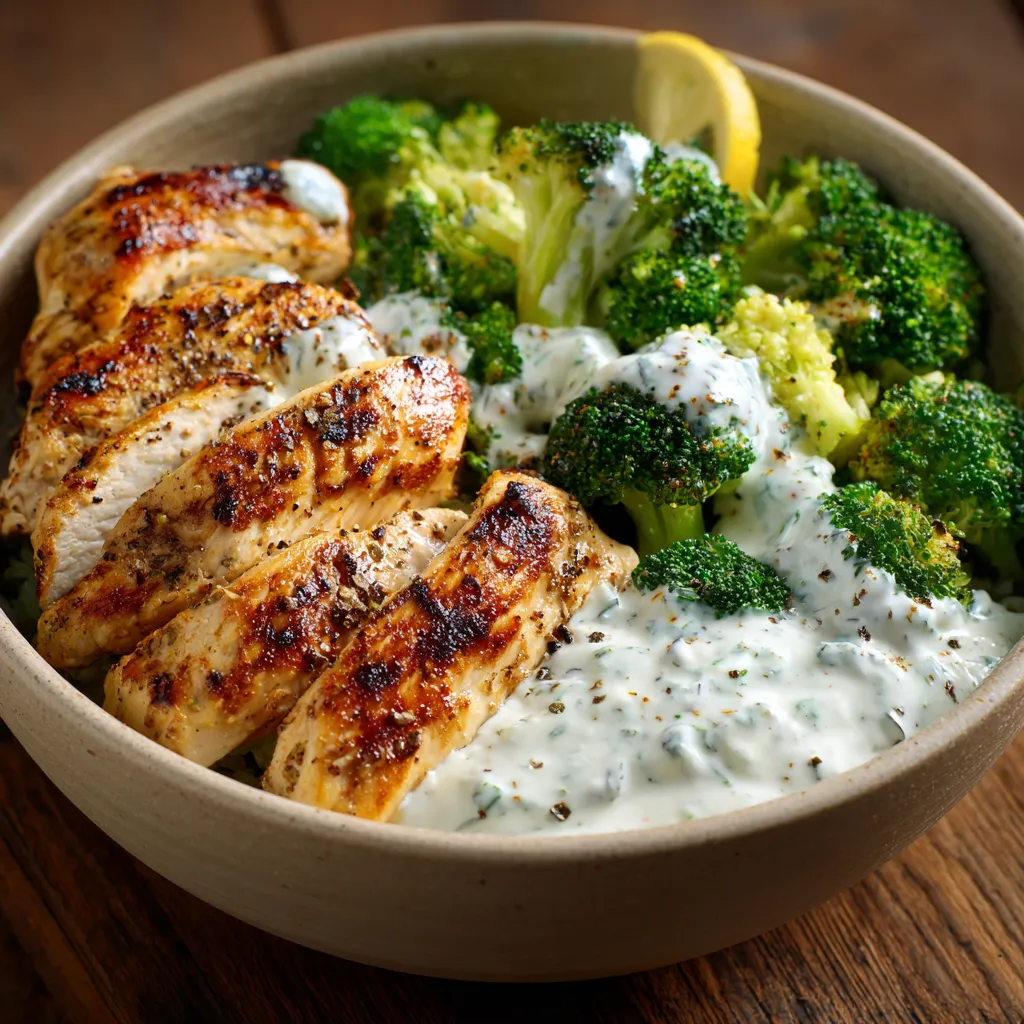 A bowl of chicken and broccoli.