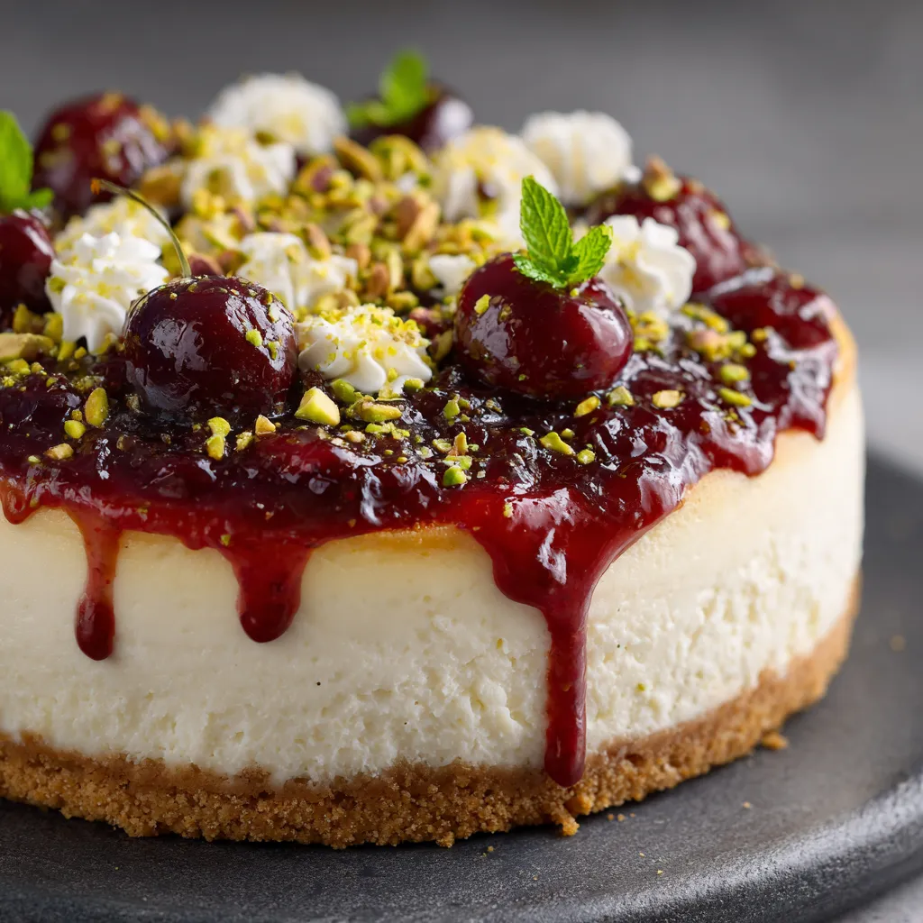 A slice of cake with berries and nuts.